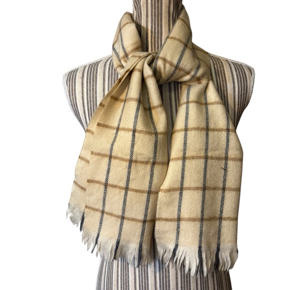 Vintage Liz Claiborne Scarf 100% Wool Cream Beige and Gray Plaid Fringe